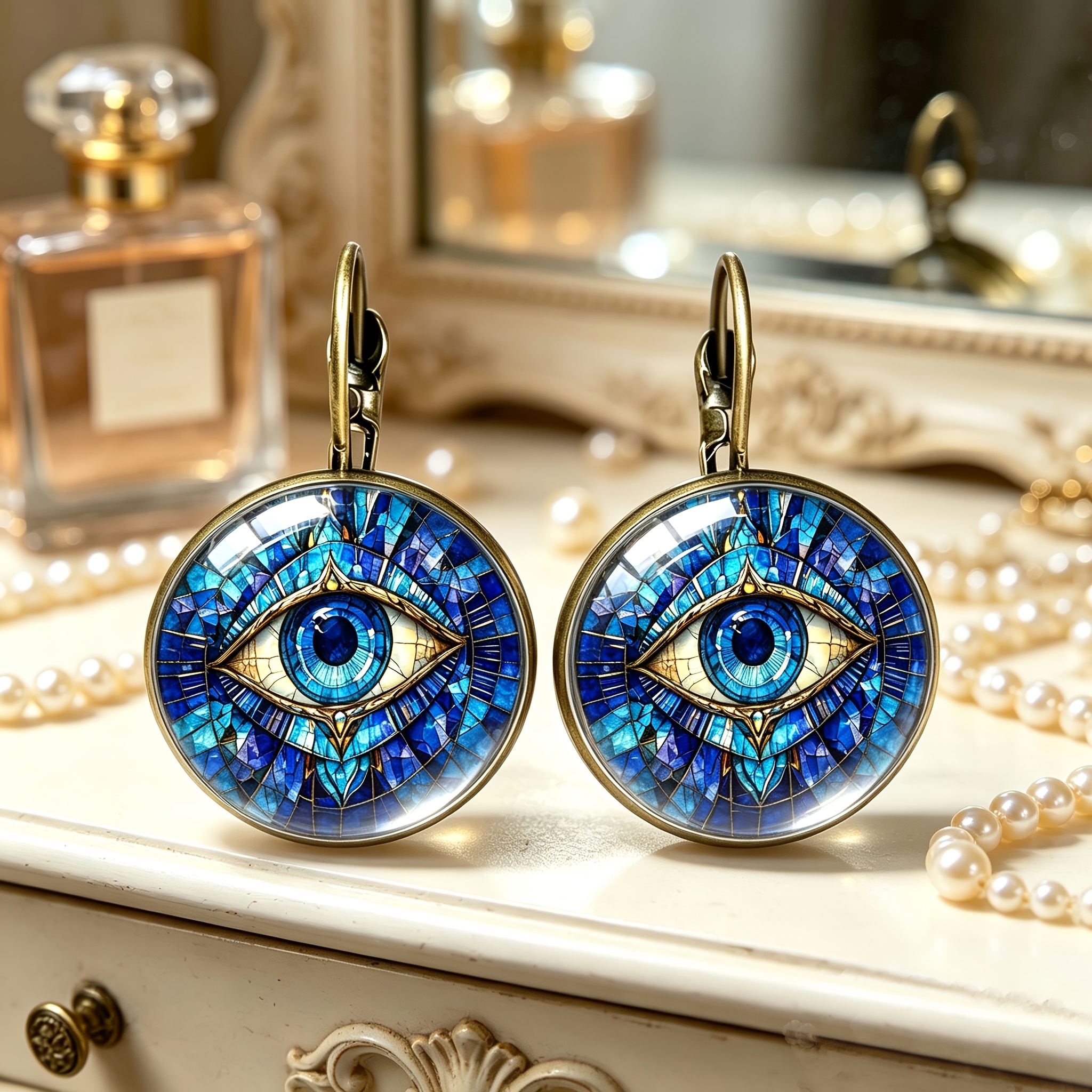Deep Blue Artistic Evil Eye Print Statement Earrings